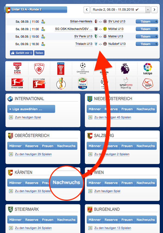 Wo finde ich meine Nachwuchs-Liga im Live-Ticker?