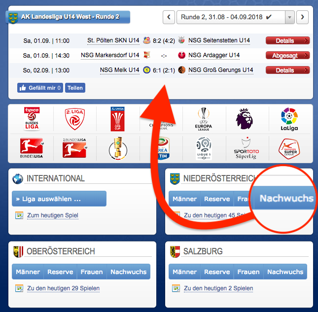 Wo finde ich meine Nachwuchs-Liga im Live-Ticker?